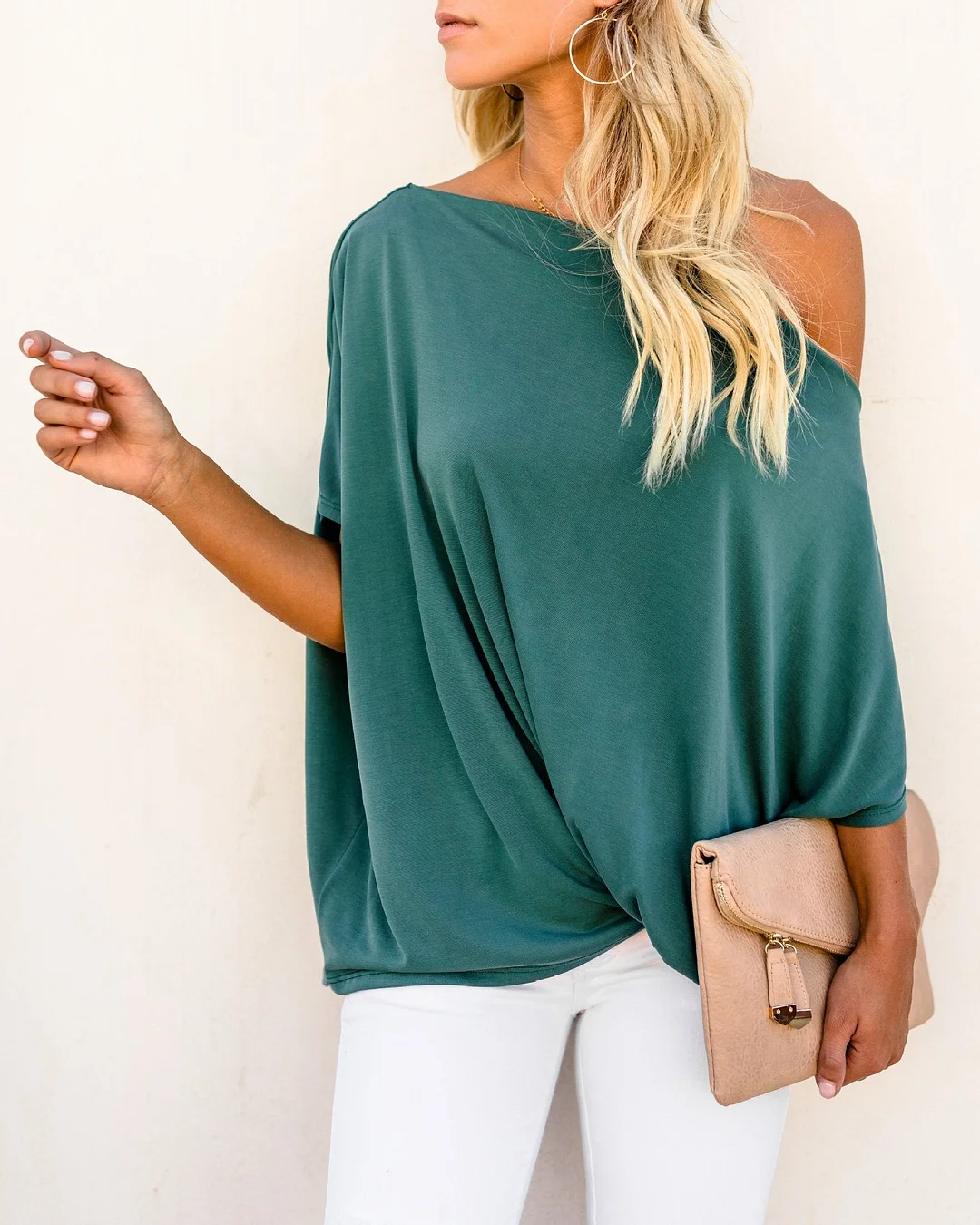 Sexy Pure Color Slanted Shoulder Baggy Blouse T-Shirt