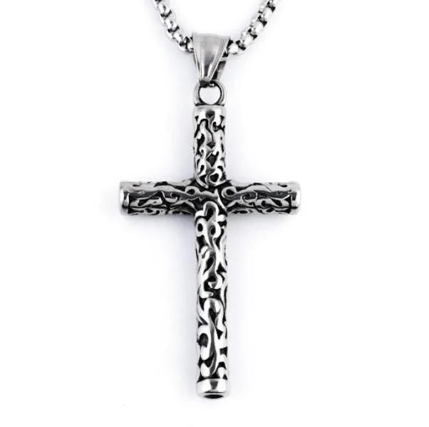 Engraved Vintage Cross Pendant Necklace Stainless Steel Alloy Jewelry