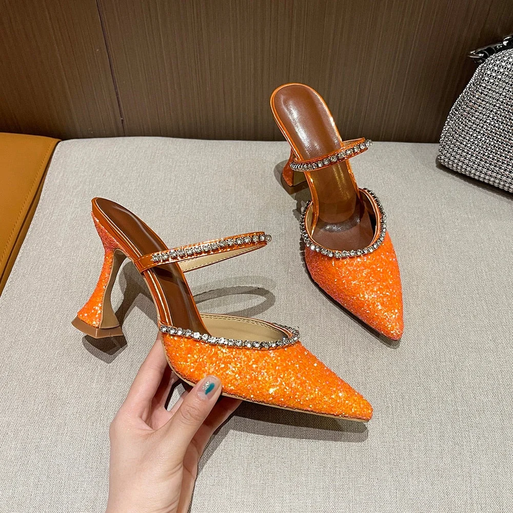 2021 Summer New Pointed Toe Rhinestone Sequined Stiletto Slippers Leopard Print Baotou Half Drag Sandals