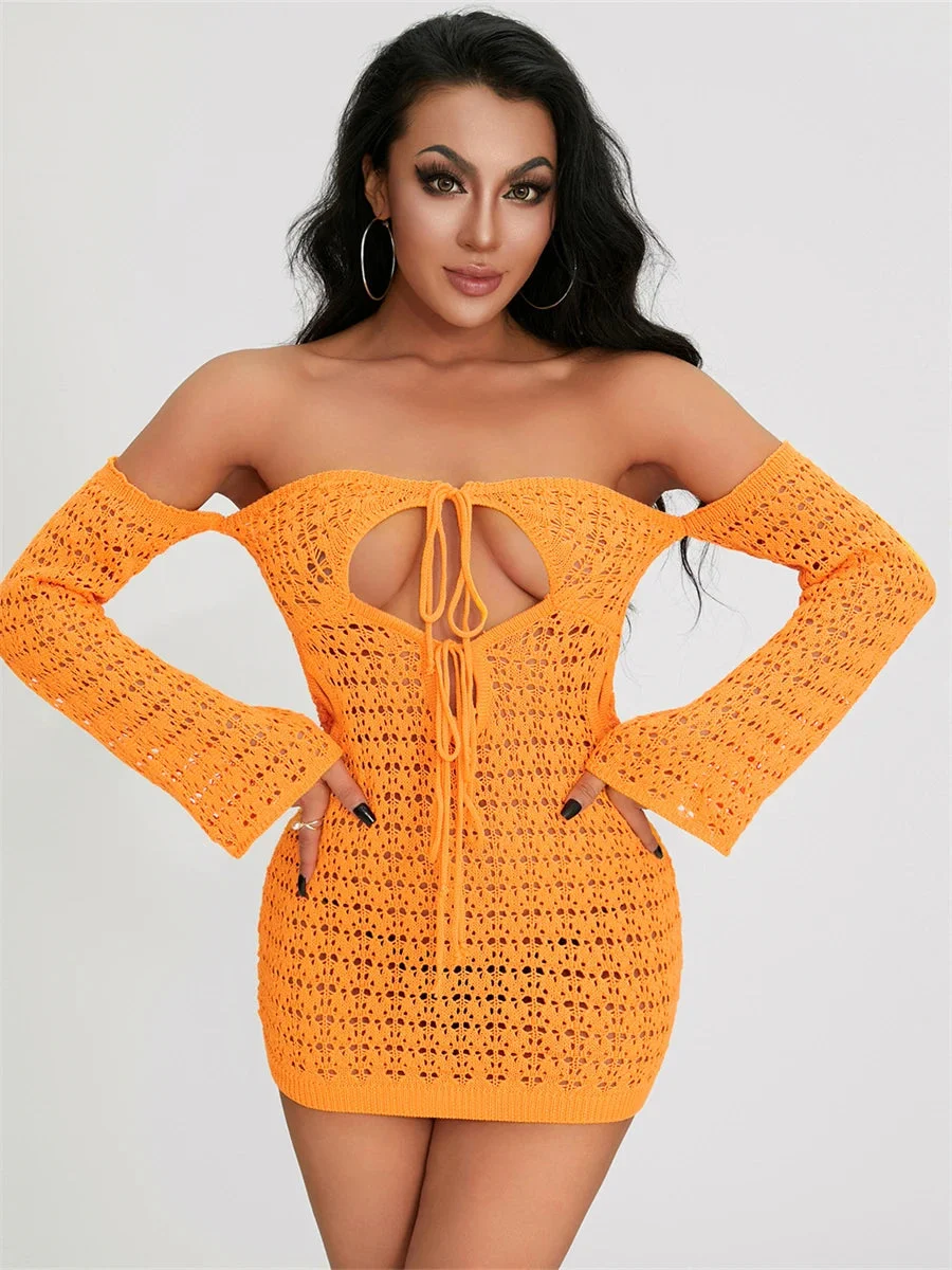 Oocharger Cutout Crochet Knit Mini Dress Women Sexy Off-Shoulder Long Sleeve Hollowed Tie-up Bandeau Tube Top Dress Beach Clubwear