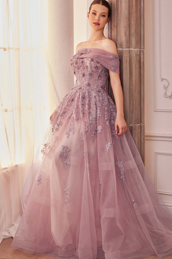 Ovlias Breathtaking Off-the-shoulder Applique Layered Sheer Evening Dress LY0704