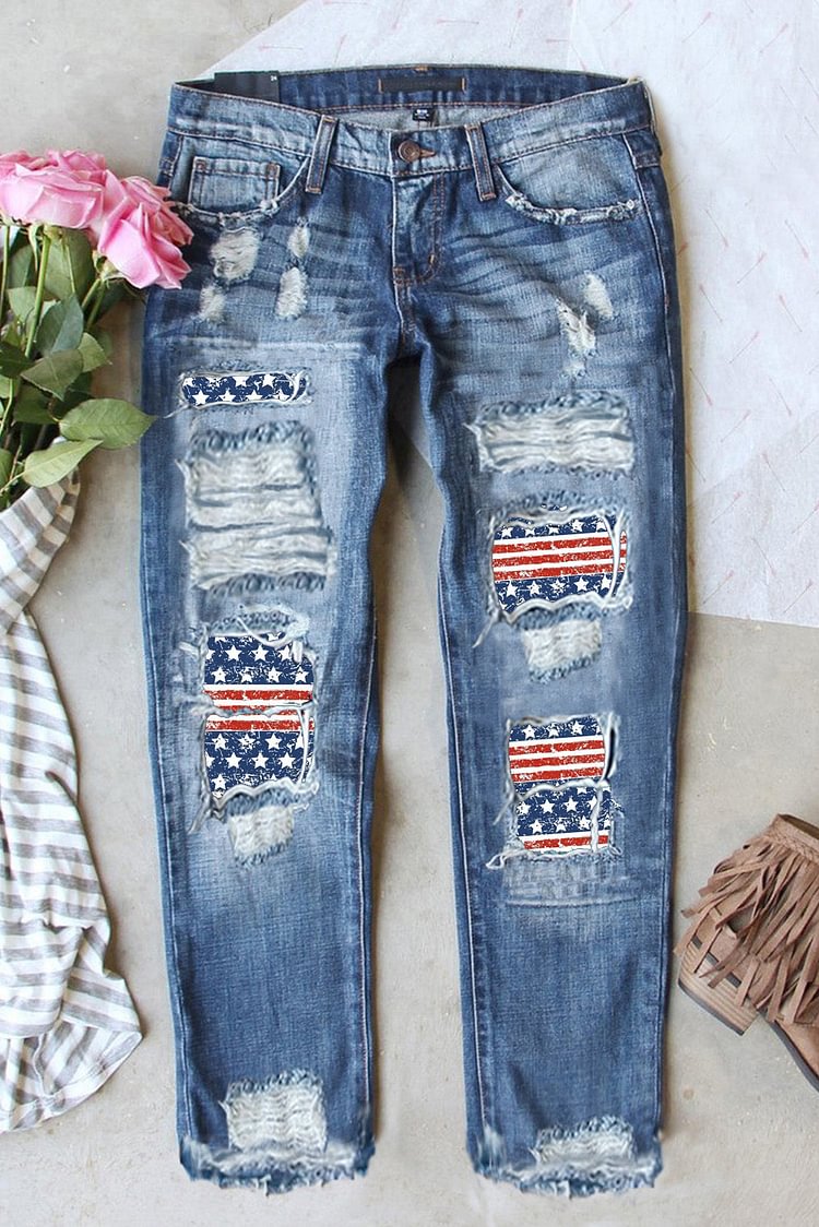 Blue American Flag Print Distressed Jeans