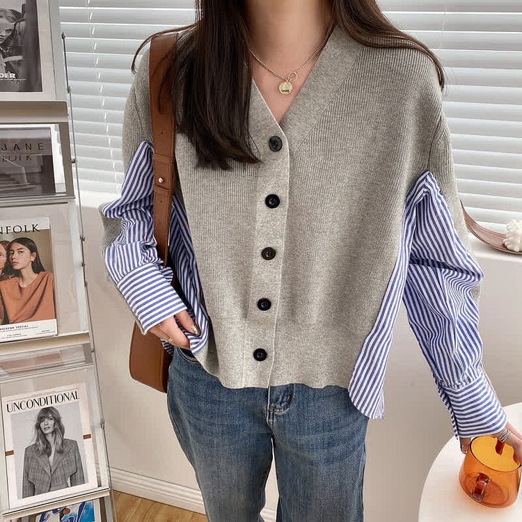 Stripe Colorblock  V-neck Cardigan Sweater Shirt - Modakawa modakawa