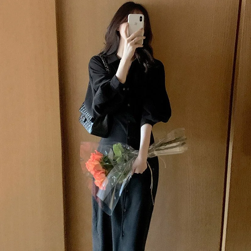 Fashion Long Sleeve Shirt Dress Women Spring Vintage Midi Jacket Dress Female Casual Loose Party Robe Maxi Bandage Vestido 18102