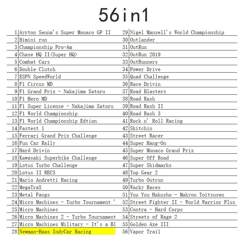 16 Bit Game Cartridge - 56 IN 1 Racing Classic Collection Genesis/MEGA DRIVE Remix Mulit Cart - Region Free