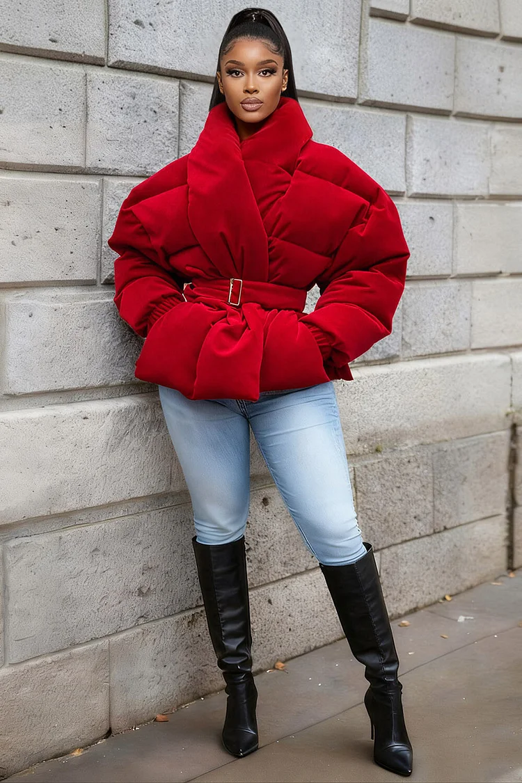 High Neck Long Sleeve Solid Color Crop Padded Coat-Red [Pre Order]