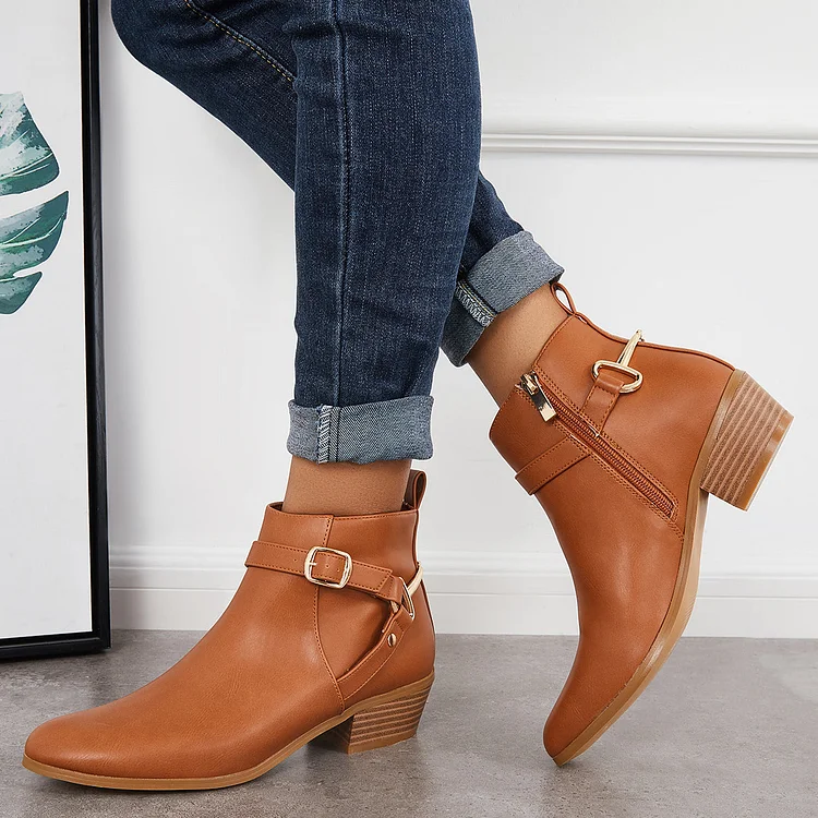 Pointed Toe Chunky Block Heel Booties Buckle Side Zip Ankle Boots