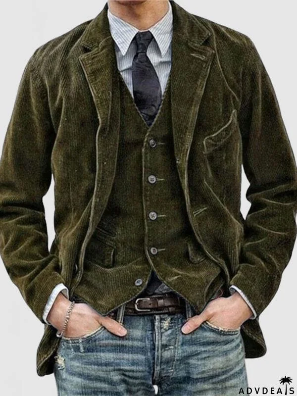 Men's Casual Slim Fit Lapel Collar Corduroy Blazer