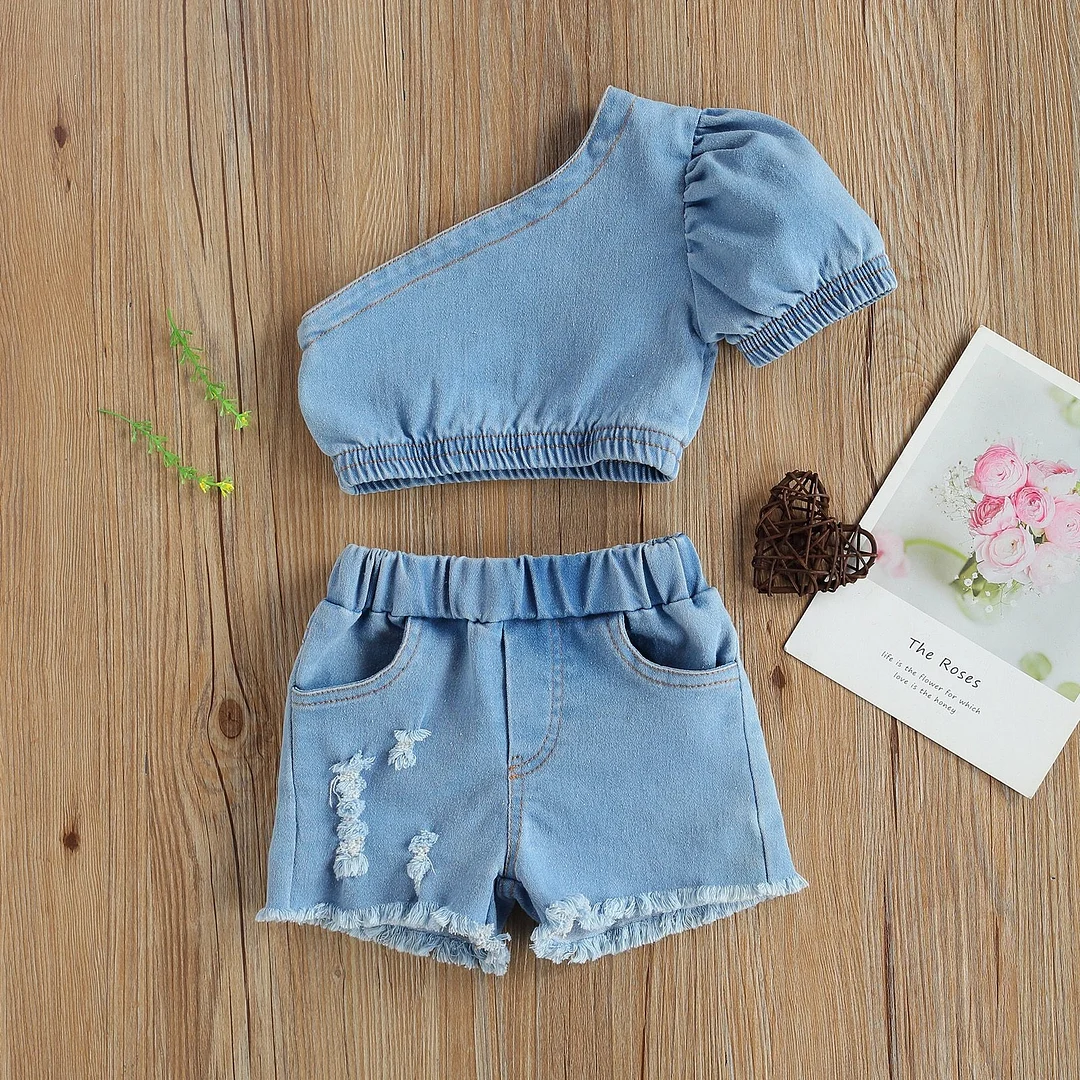 2021 Baby Summer Clothing Girl Two Piece Set, Kid Single Shoulder Crop Tops Shirt Ripped Denim Shorts With Pockets for Children