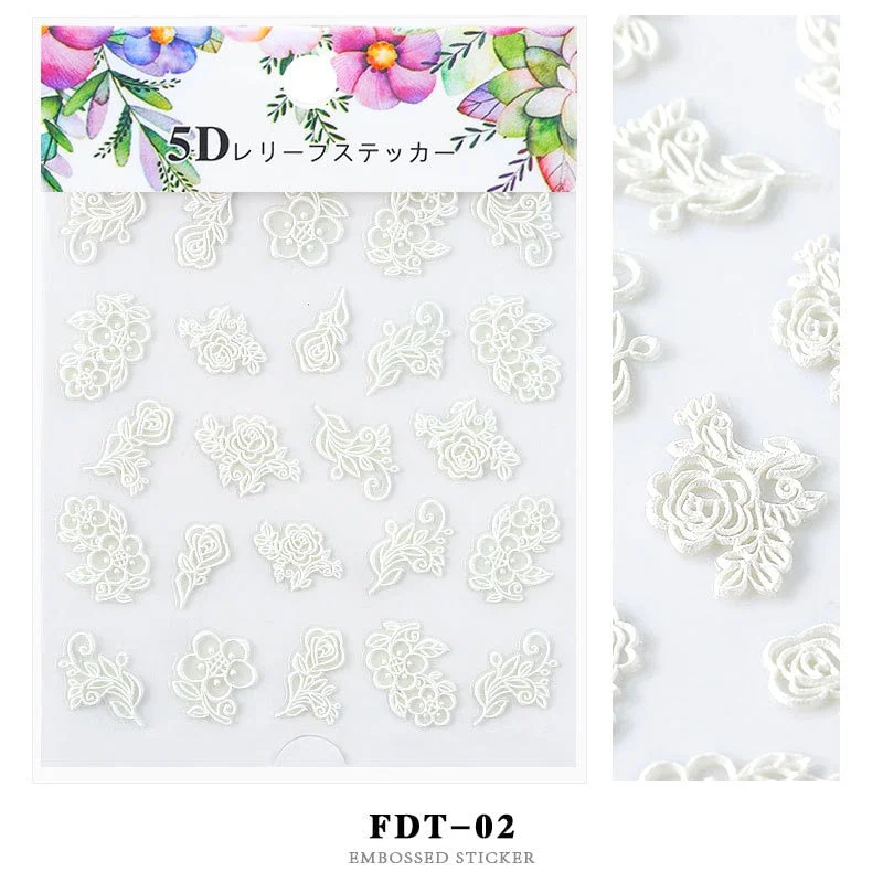 Nail Stickers Embossed 5D Flowers Leafs Designs Back Glue Nail Decals Decoration Tips For Beauty Salons-Nail Inspo