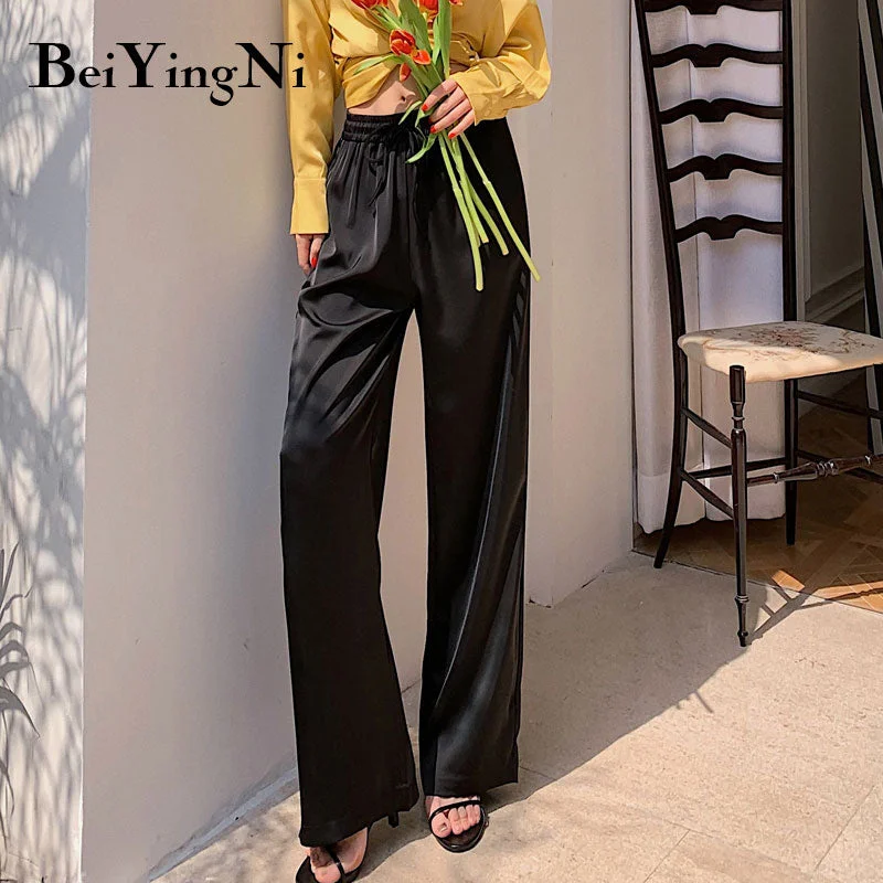 Beiyingni High Waist Wide Leg Pants Women Solid Color Oversized Silk Satin Vintage Black Pink Pants Female Casual Loose Trousers