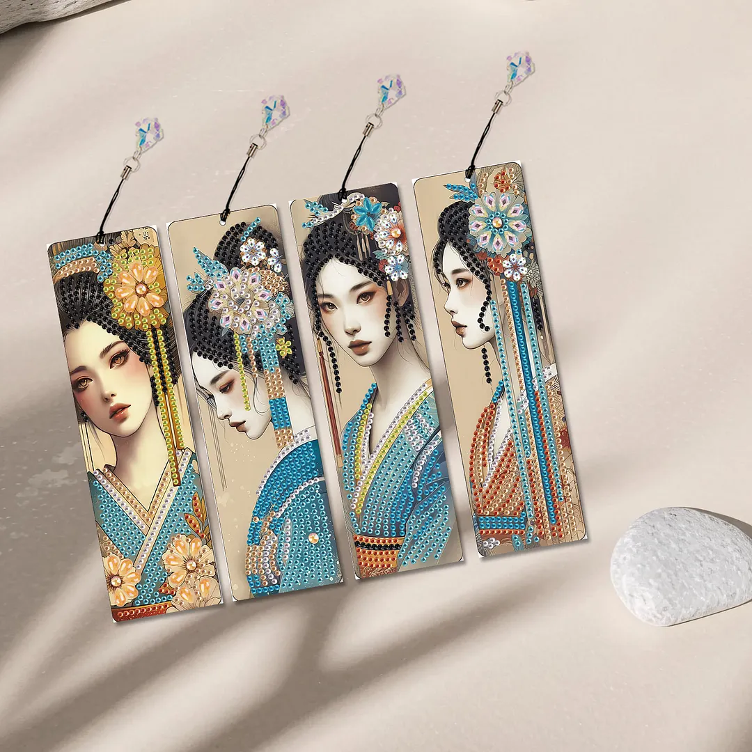 4Pcs Oriental Beauty DIY Diamond Bookmark Art Projects Irregular Shaped Diamonds Diamond Painting Art Bookmarks with Crystal Pendants for DIY Making Beginners Adult Art Craft Supplies