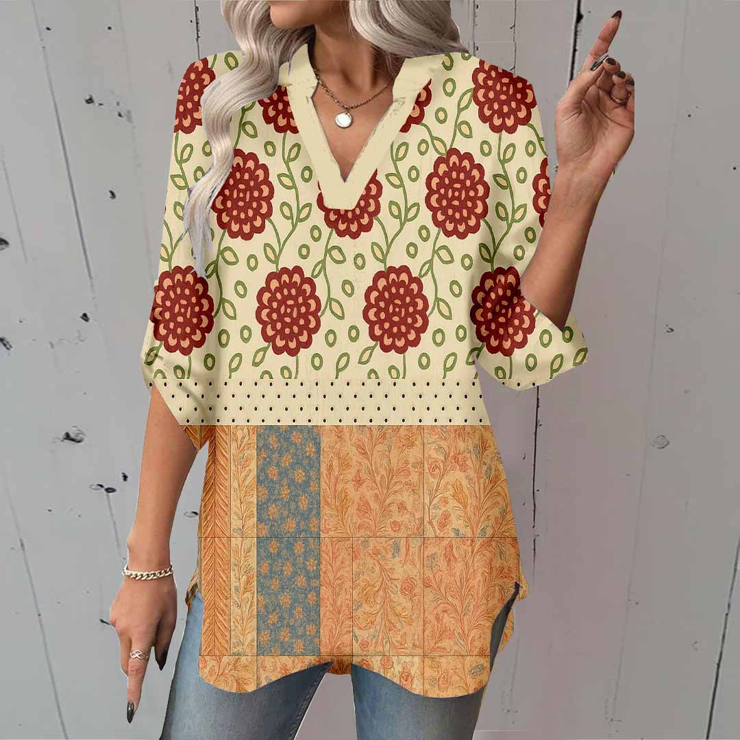 Women Bohemian,Beige,Orange DZGA0292 3/4 Sleeve V-neck Printed Graphic Button Tops