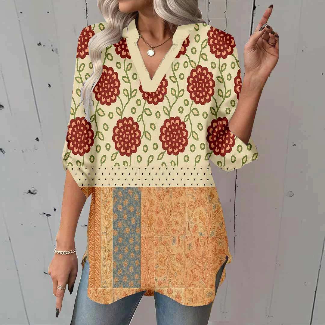 Women Bohemian,Beige,Orange DZGA0292 3/4 Sleeve V-neck Printed Graphic Button Tops