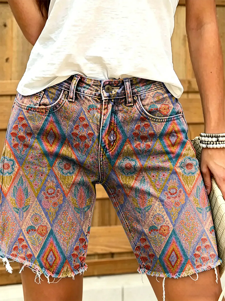 Ethnicity Flower Geometry Women's Art Print Casual Denim Shorts