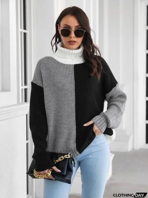 Contrast Turtleneck Long Sleeve Sweater