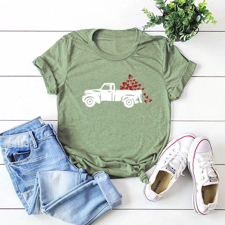 Round Neck Hearts and Car Printed Short Sleeves T-shirt