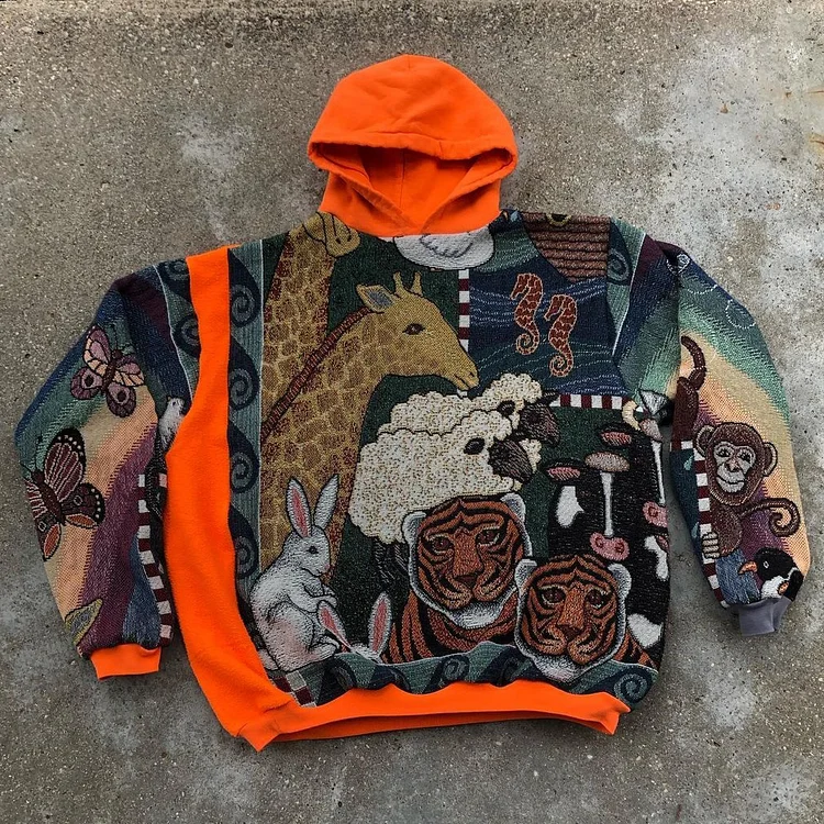 Animal World Print Casual Street Tapestry Knit Hooded Sweater