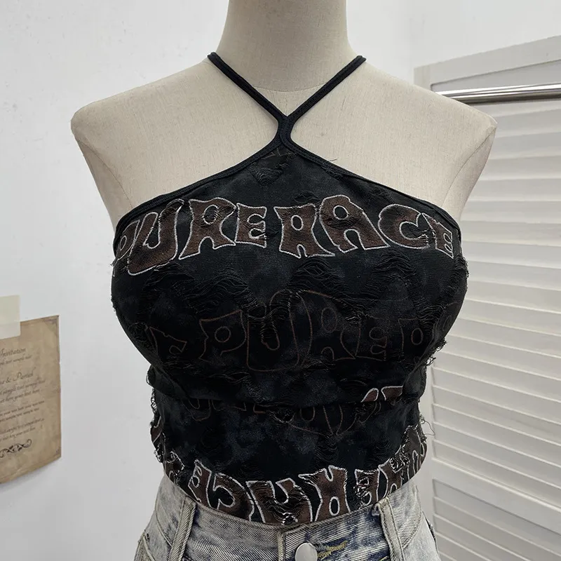 Uveng Real Shooting Spice Girls Letter Printing To Make Old Hole Hanging Neck Sling Vest Short With Chest Cushion Top 6672