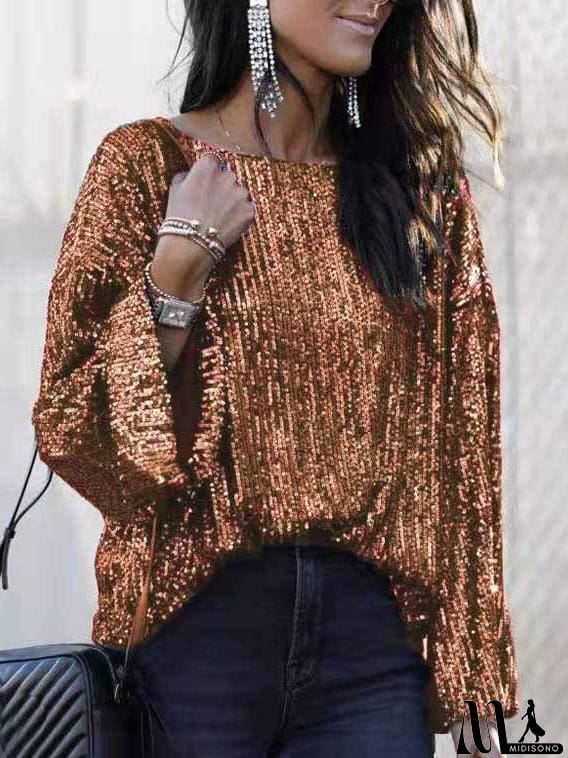 MidiSono - Round neck sequins simple shirt