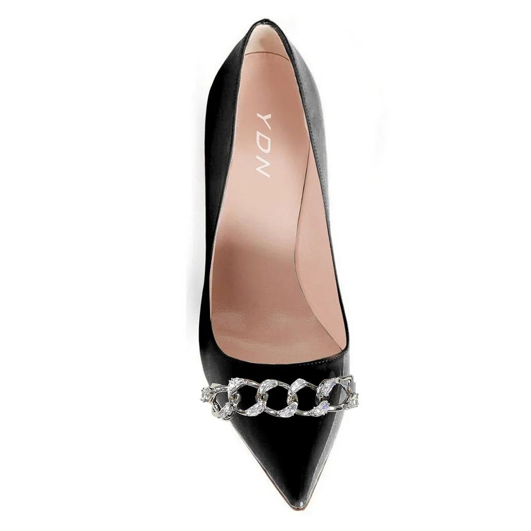Pointed Toe Stiletto Heel Rhinestone Decor Chain Black Pumps