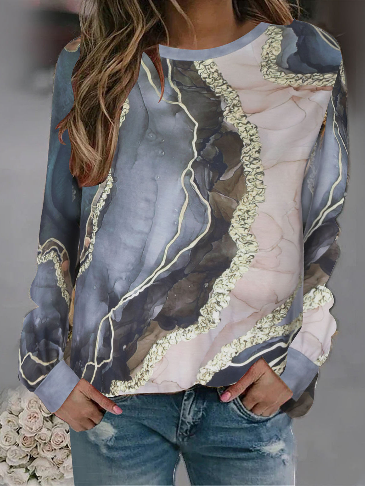 Women Long Sleeve V-neck Graphic Floral Printed Top