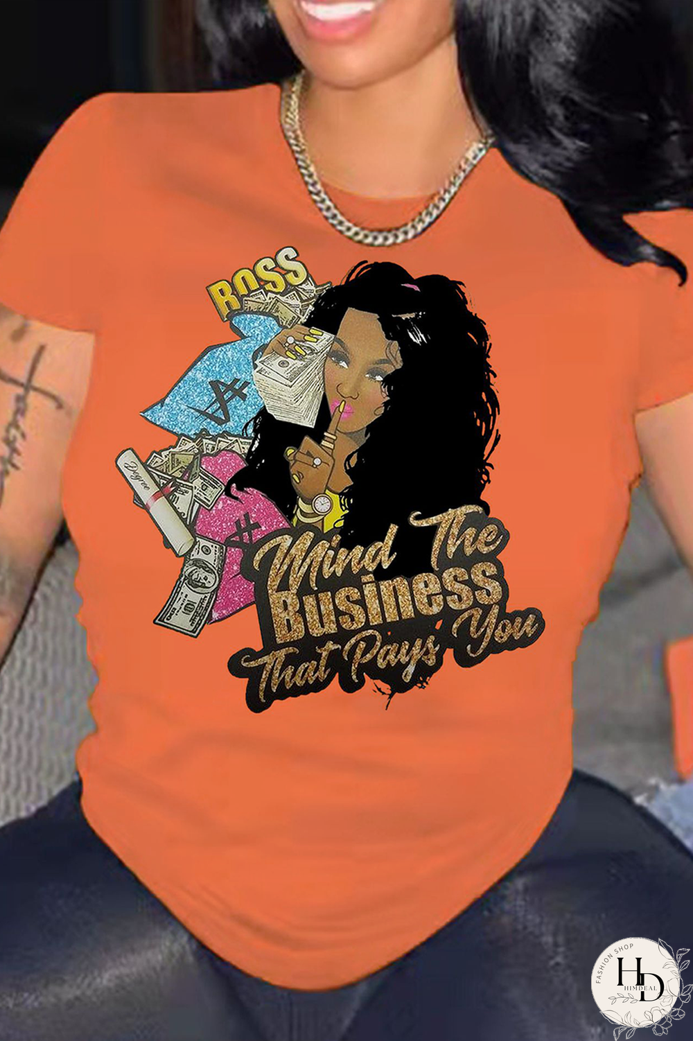 Tangerine Red Casual Print Split Joint O Neck T-Shirts