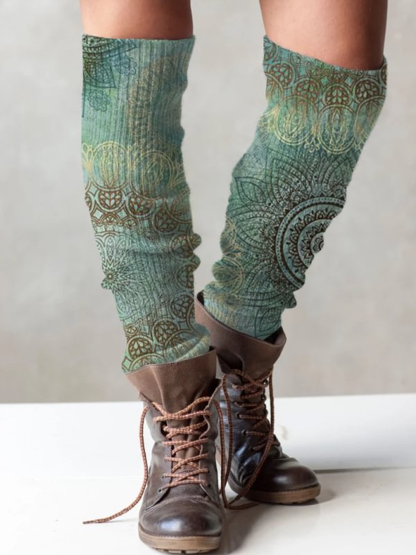 Retro floral print knit boot cuffs leg warmers