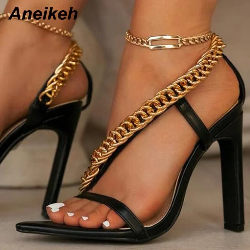 Aneikeh Summer Fashion PU Metal Chain Women's High Sandals 2022 NEW Sewing Platform Heigh Square Heels Buckle Strap Shallow Sexy