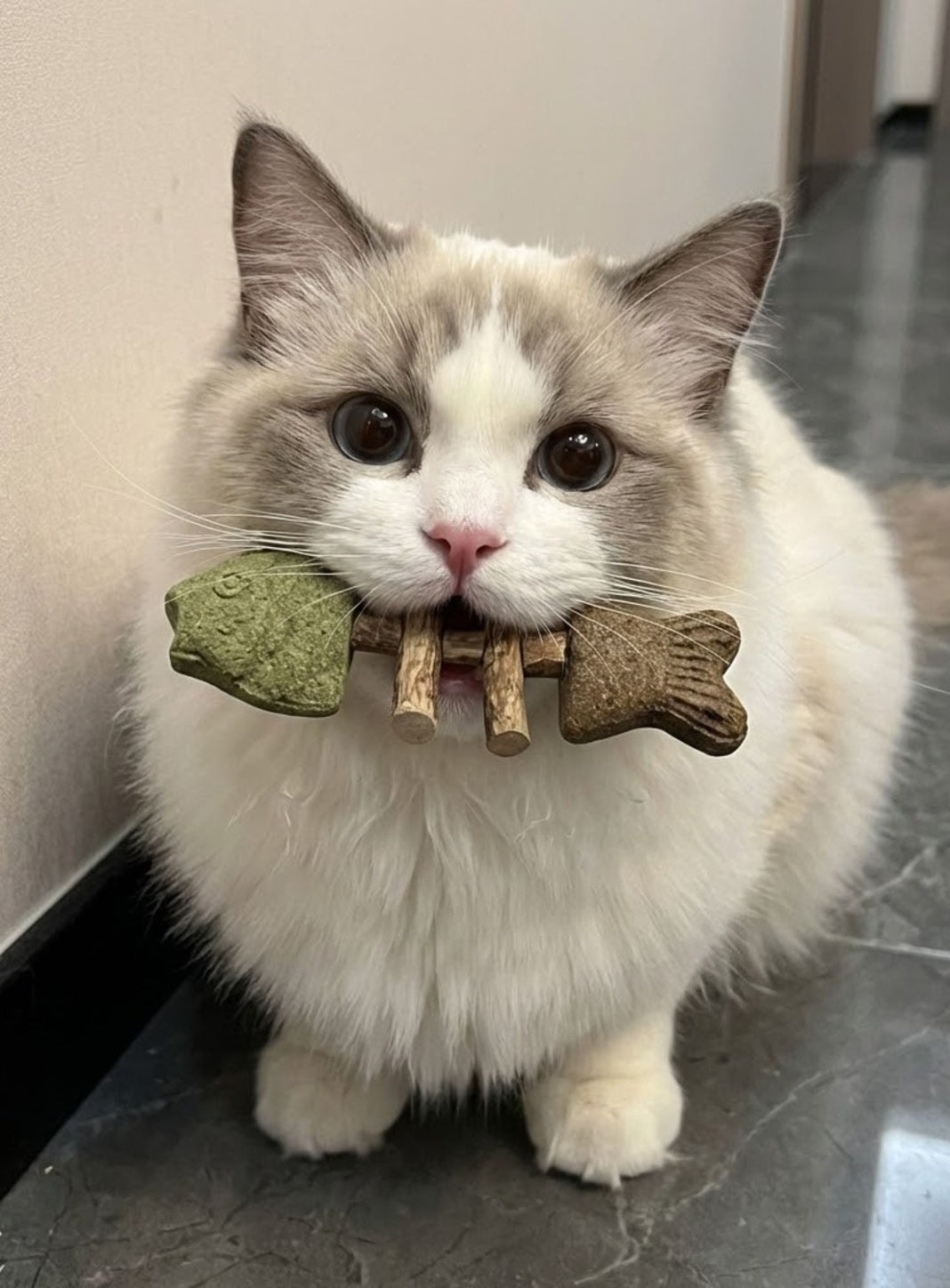 White cat carrying toy