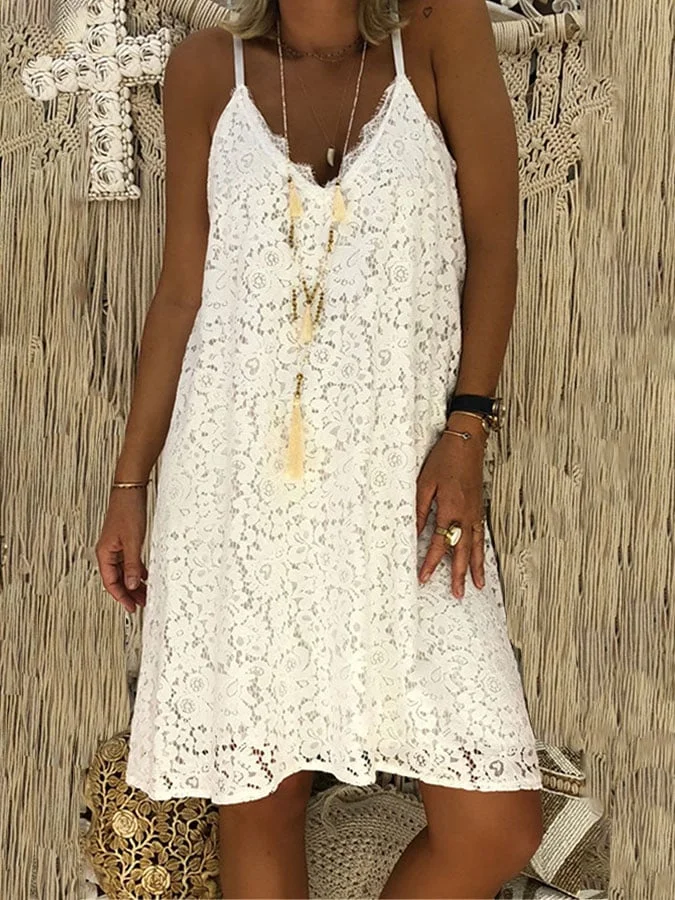 Women's Solid Color Sleeveless V Neck Camisole Lace Dress