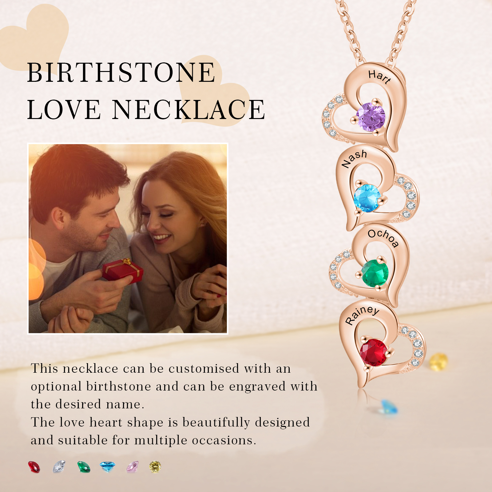 4 Names - Personalised Heart Pendant Necklace Custom Birthstones & Names Necklace Birthday Gift for Her-Jessemade AU