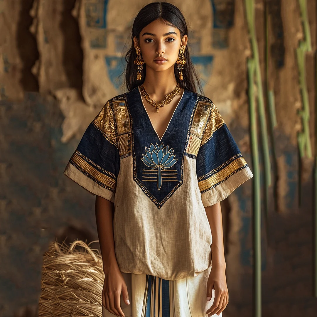 Vintage Egyptian Lotus Embroidery Three-quarter Sleeves T-shirt