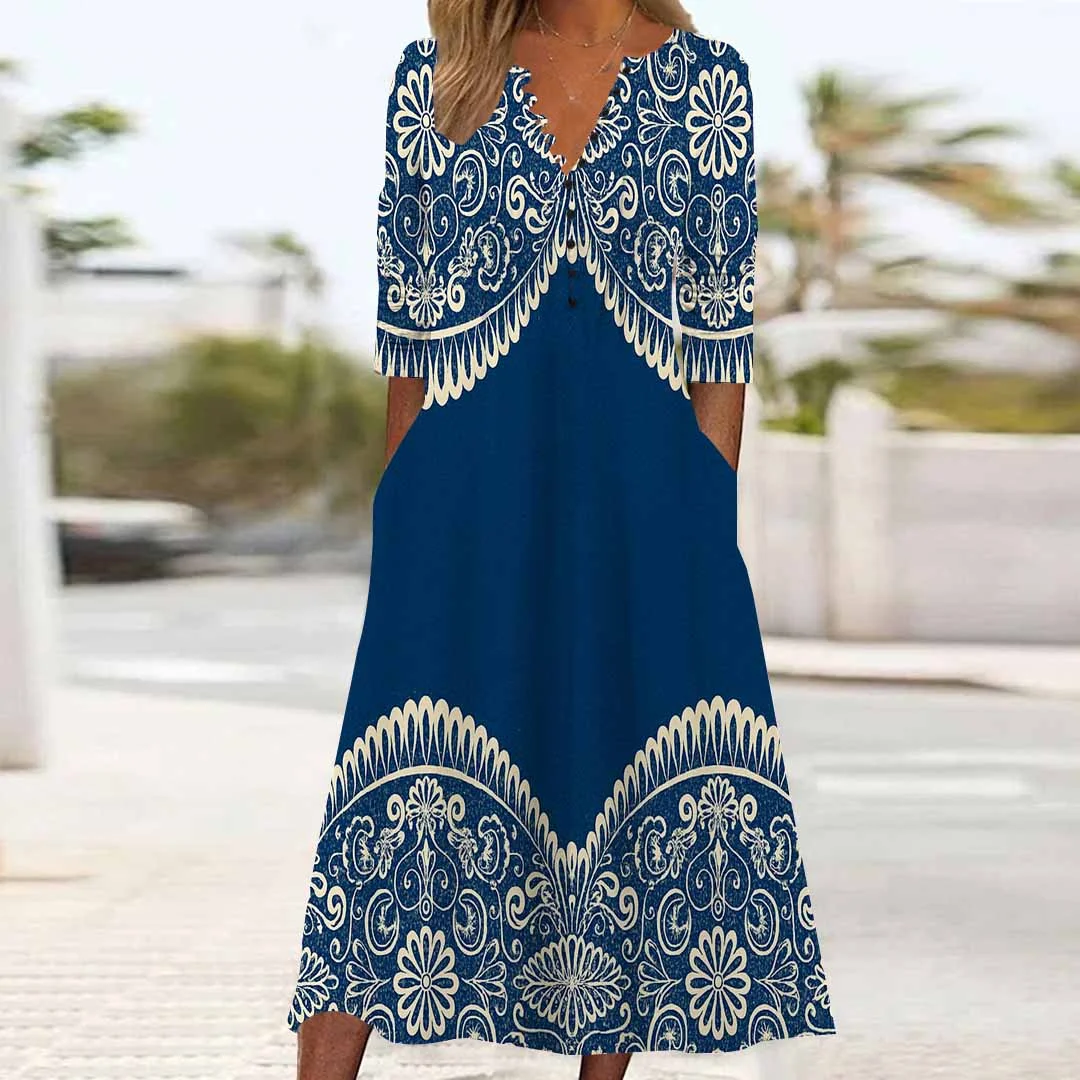 Women Graphic,Blue DZHB8292 Long Sleeve V-Neck Graphic Printed Midi Dress