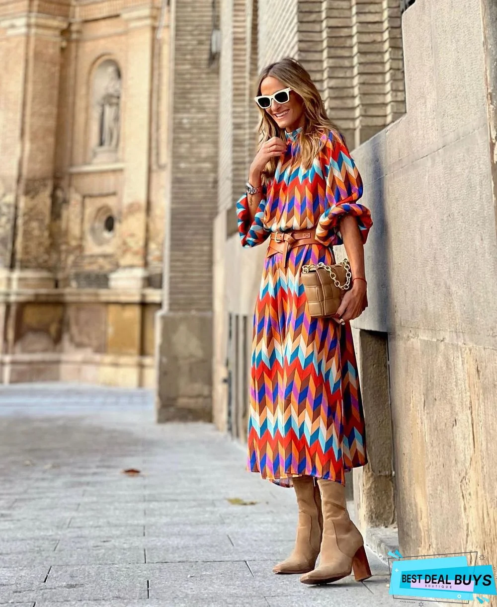 Sleeve Print Waist A-Shaped Dress Plus Size Ladies Dress