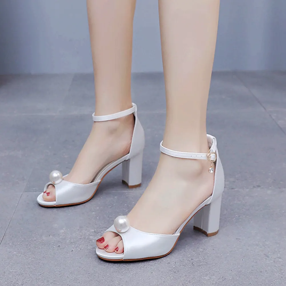 Breakj Breakj Cm Fish Mouth High-Heeled Sandals Shallow Pearl Large-Size Round-Head High Heels Bride Wedding Silk Satin Cloth Coarse Sandals