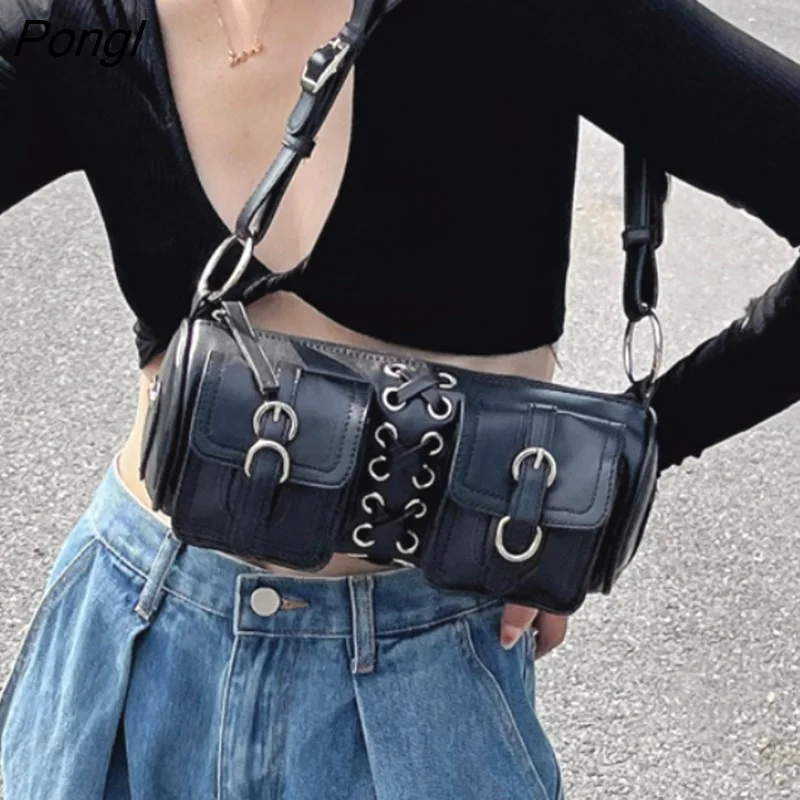 Pongl Black Women Cylinder Underarm Bags Double Pocket Design Ladies Shoulder Bag Fashion Female PU Leather Purse Handbags
