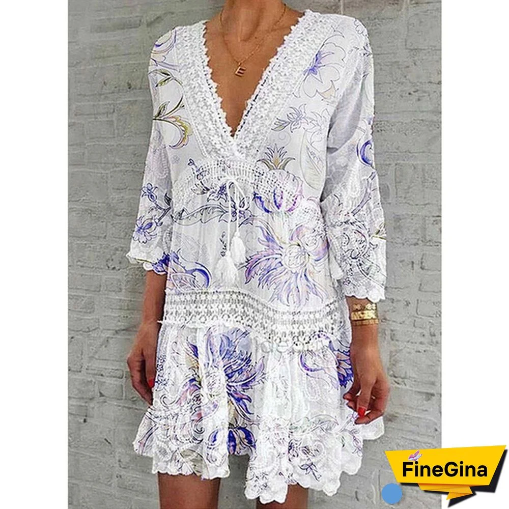 Women Fashion Floral Printed Dress Casual Beach Dress Summer V-neck Lace Dress Sexy Party Dress 3/4 Sleeve Boho Dress