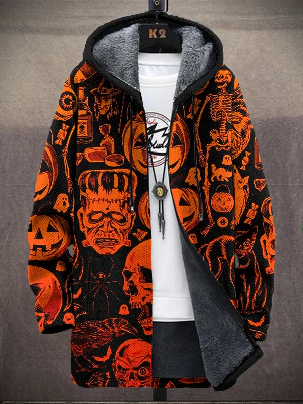 Men's Halloween Pumpkin Skull Horror Print Fleece Lined Hooded Trench Coat