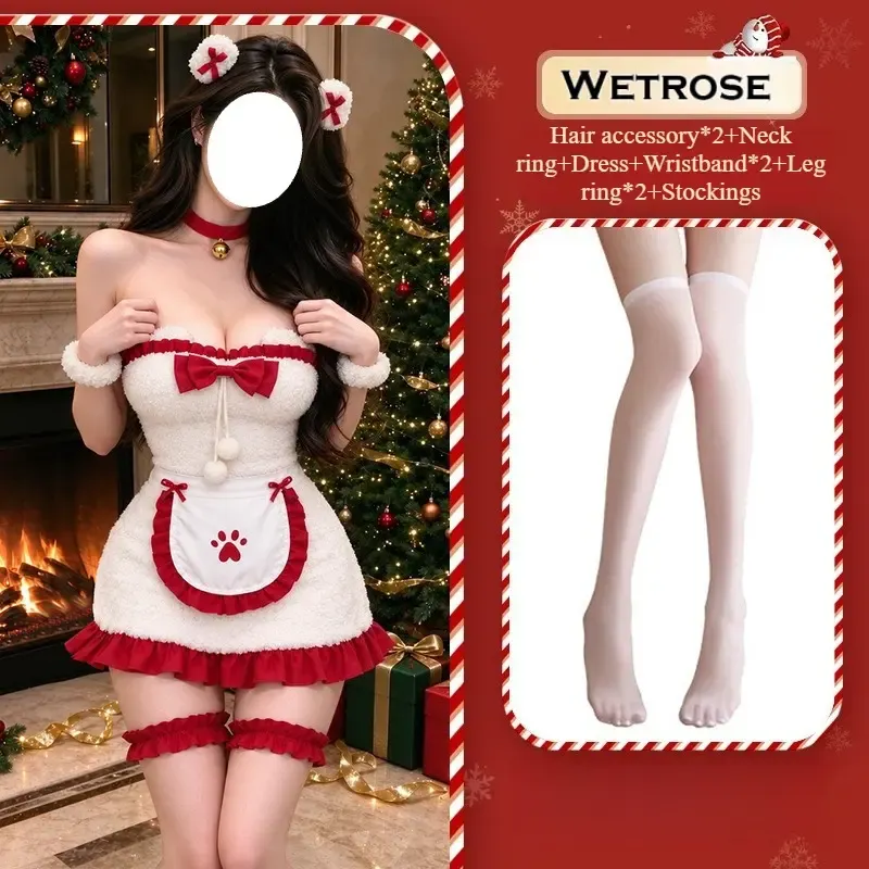 [Wetrose] In Stock White Furry Christmas Dress Paw Print Apron Santa Holiday Party Outfit Cosplay Costume Xmas 