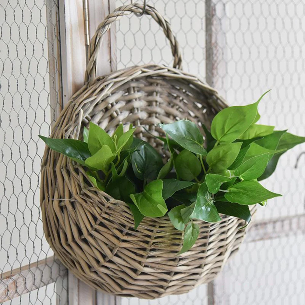Wall Mount Wicker Flower Pot Hanging Woven Rattan Vase Basket Decor (Gray)