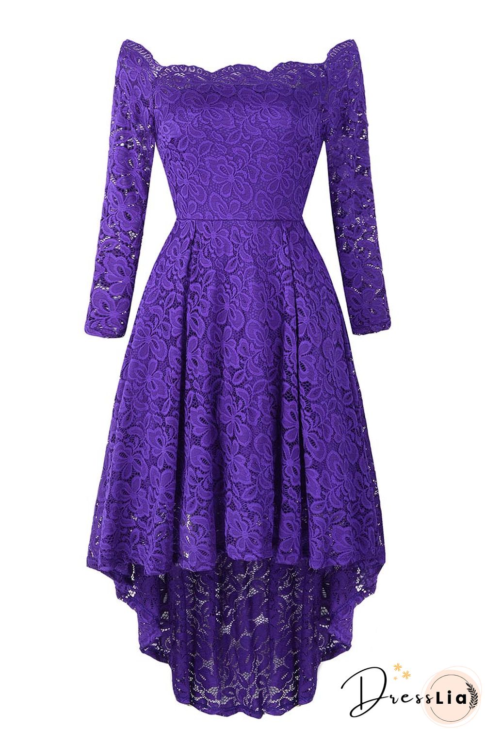 Purple Off-the-shoulder Scalloped High Low Prom Dress
