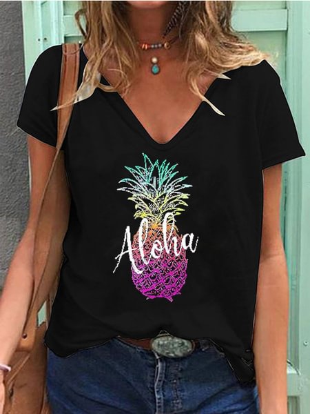 New Arrival Women‘s Summer Fashion Casual Pineapple Printed Short Sleeve V-Neck T-shirt Loose Graphic Shirt Plus Size Blouse Tops - BlackFridayBuys