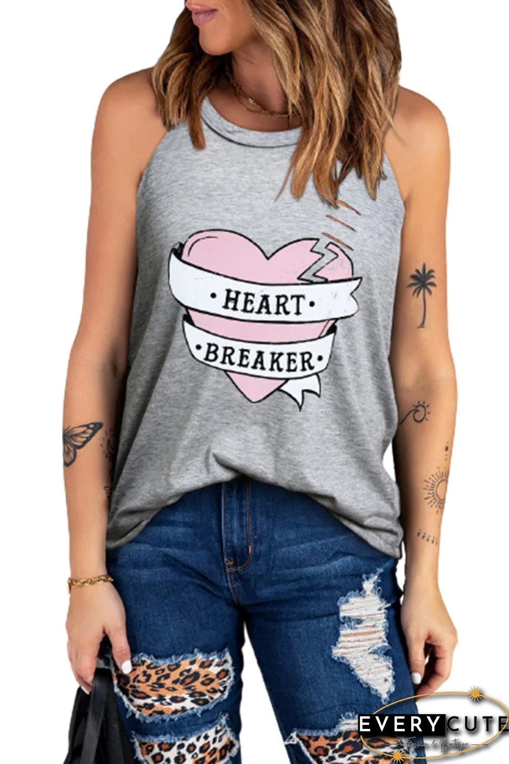 Gray HEART BREAKER Graphic Print Distressed Tank Top