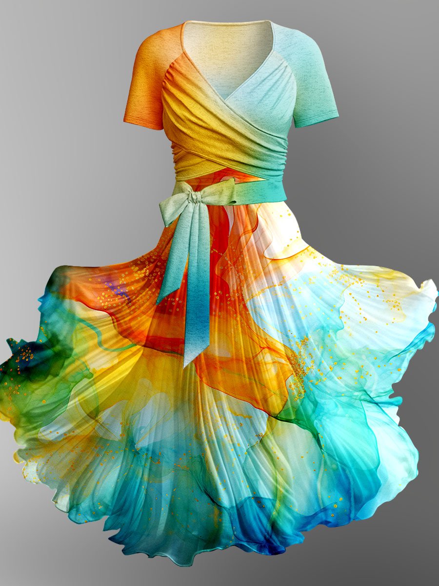 Women's Watercolor Splash Fluid Art Print Flowy Dress