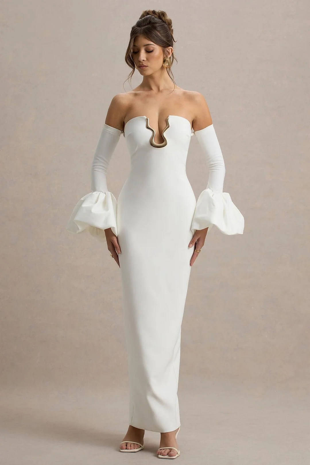 Miabel Exquiste Gream Satin Strapless Long Sleeves Slim Prom Dress with Ruffles 