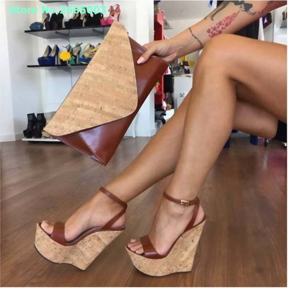 Wedges Slingback Ankle Sandals Open Toe Platform Solid Buckle Strap High Heel Sexy Women Party Dress Sandals Summer Pink Brown
