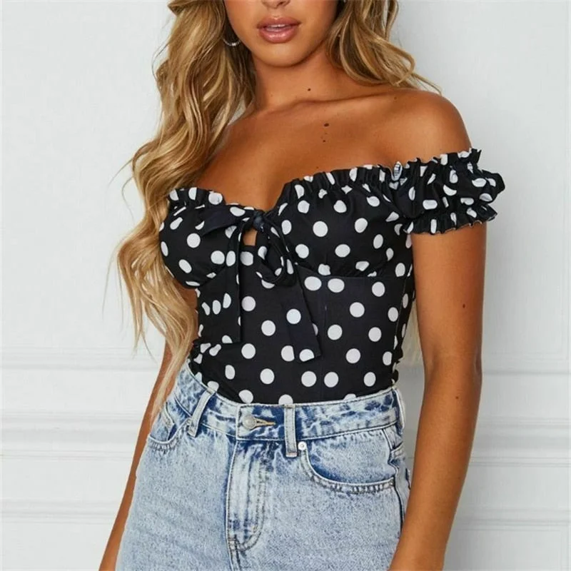 Women Summer Casual Off Shoulder Blouse New Lady Vintage Polka Dot Short Sleeve Shirt Slash Neck Blouses 2019