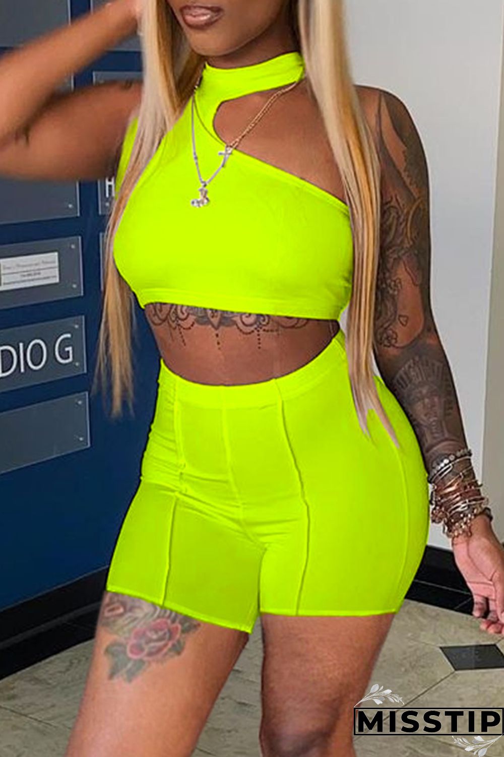 Orange Sexy Casual Solid Hollowed Out Half A Turtleneck Sleeveless Two Pieces