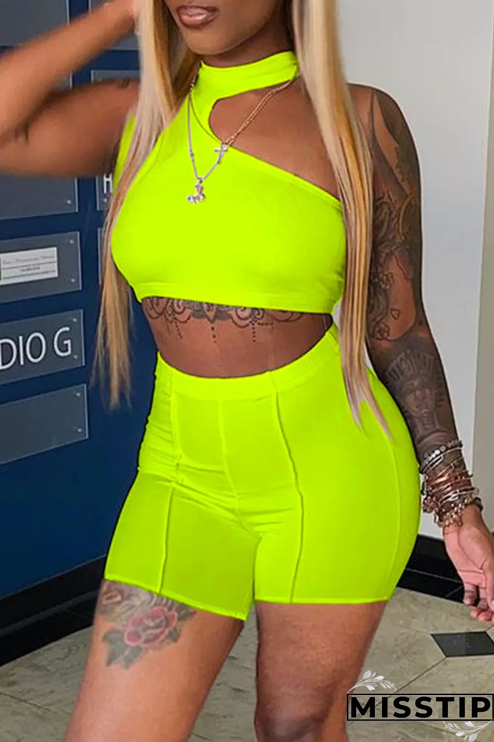 Orange Sexy Casual Solid Hollowed Out Half A Turtleneck Sleeveless Two Pieces